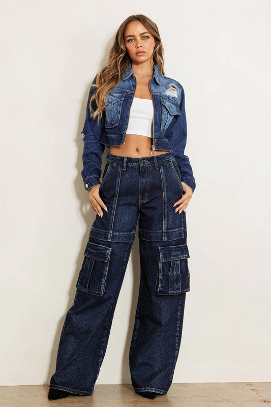 A woman is wearing a cargo denim jeans