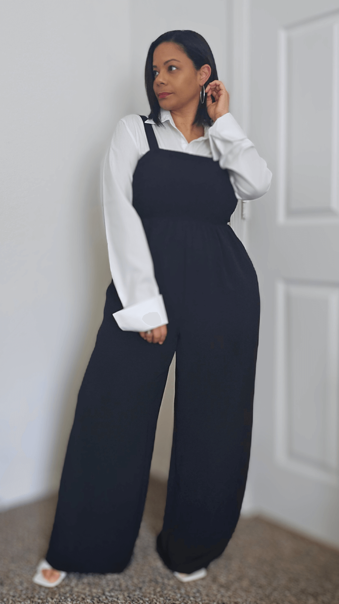 Black Smocked Ruched Jumpsuit with pockets